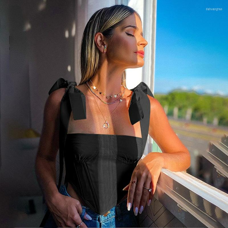 

Women' Tanks BoozRey Fashion Tie Up Strap Sexy Backless Crop Tops For Women Sleeveless Club Party Boned Corset Top Cropped Elegant, Black