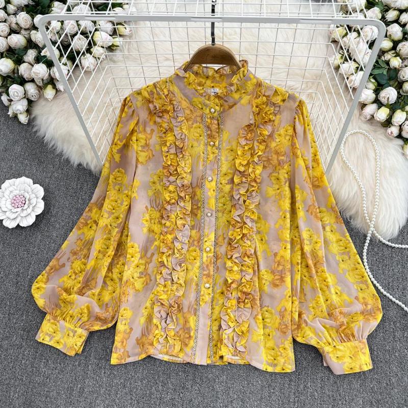 

Women's Blouses Korean Version Of Retro Temperament Edge Stand-up Collar Loose Lantern Sleeves Printed Single-breasted Chiffon Top, Army green