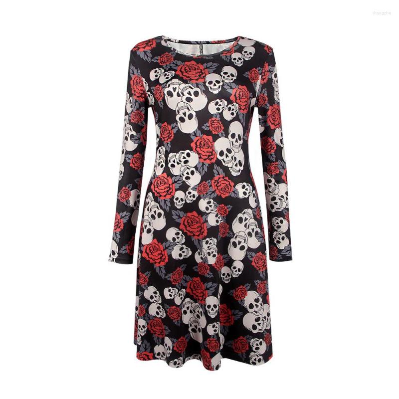 

Casual Dresses Halloween Christmas Wear Clothing Women Dress Skull Print Long Sleeve Party O Neck Mini, 0150coffee