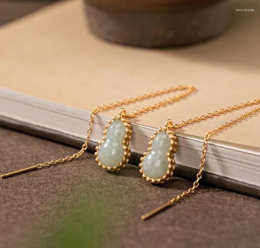 

Dangle Earrings Really S925 Silver Women White Jadeite Gourd Long Link Chain