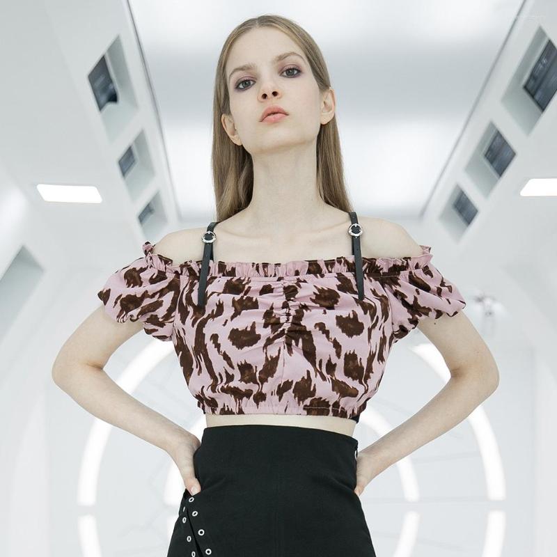 

Women's Tanks PUNKRAVE Women's Gothic Off Shoulder Puff Sleeve Tops Streetwear Adjustable Leather PU Straps Short Tees, Black