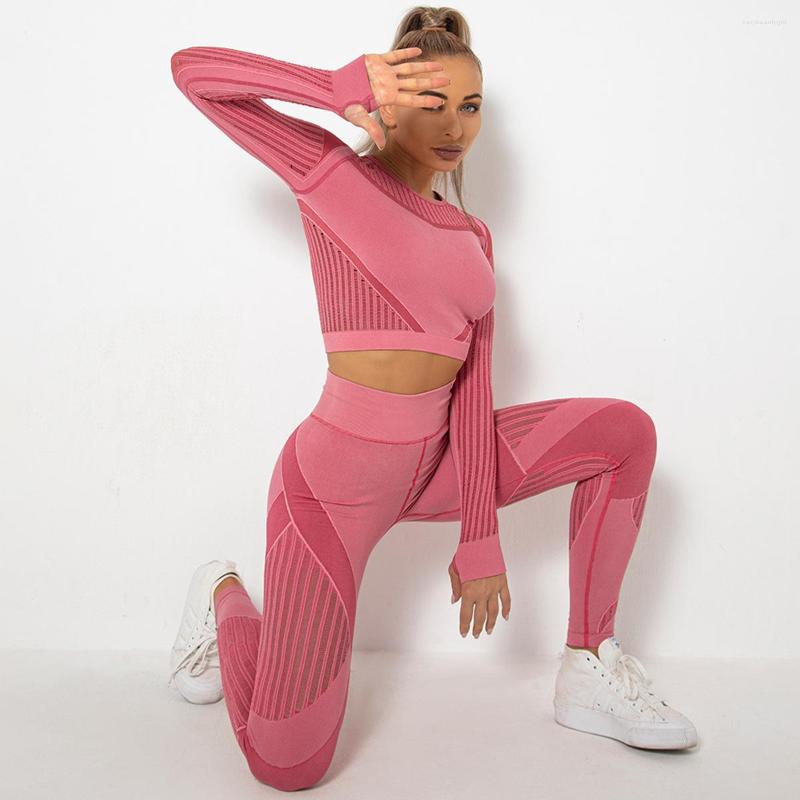 

Active Sets Yoga Workout Two Piece Set Conjuntos Seamless Hollow Hygroscopic Long Sleeve Sports Wear Fitness Running Pants Leggings Women, Light gray