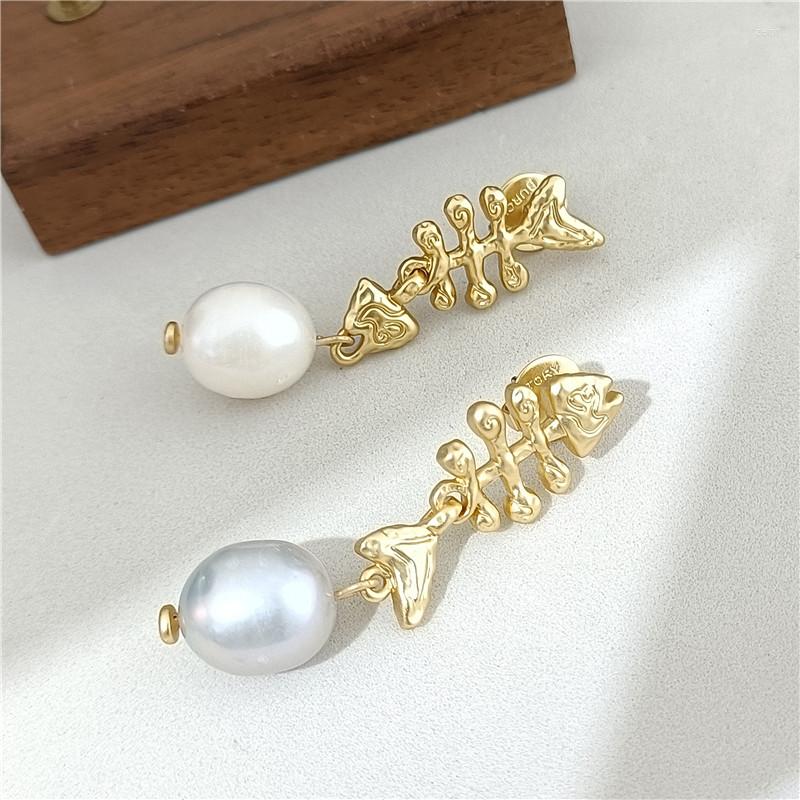 

Backs Earrings Retro Style Matte Fish Bone Asymmetric Heterochromatic Freshwater Pearl