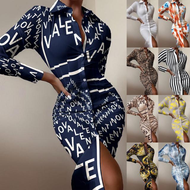 

Casual Dresses Women's Long Sleeve Waist Temperament Fashion Printed Shirt Dress