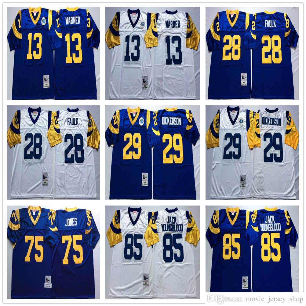 

NCAA Mitchell and Ness Vintage Football 85 Jack Youngblood Jerseys Stitched 28 Marshall Faulk 13 Kurt Warner 29 Eric Dickerson 75 Deacon Jones Jersey Blue White, Same as picture
