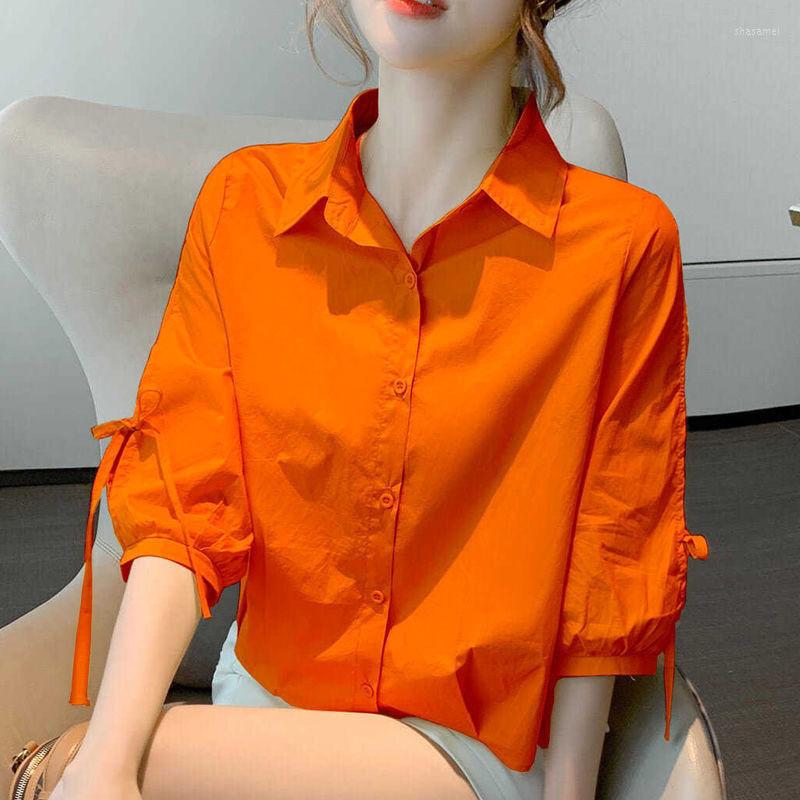 

Women's Blouses Summer White Loose Blouse Women Korean Fashion Hollow Out Lantern Sleeve Button Up Shirt Office Lady Elegant Business Top