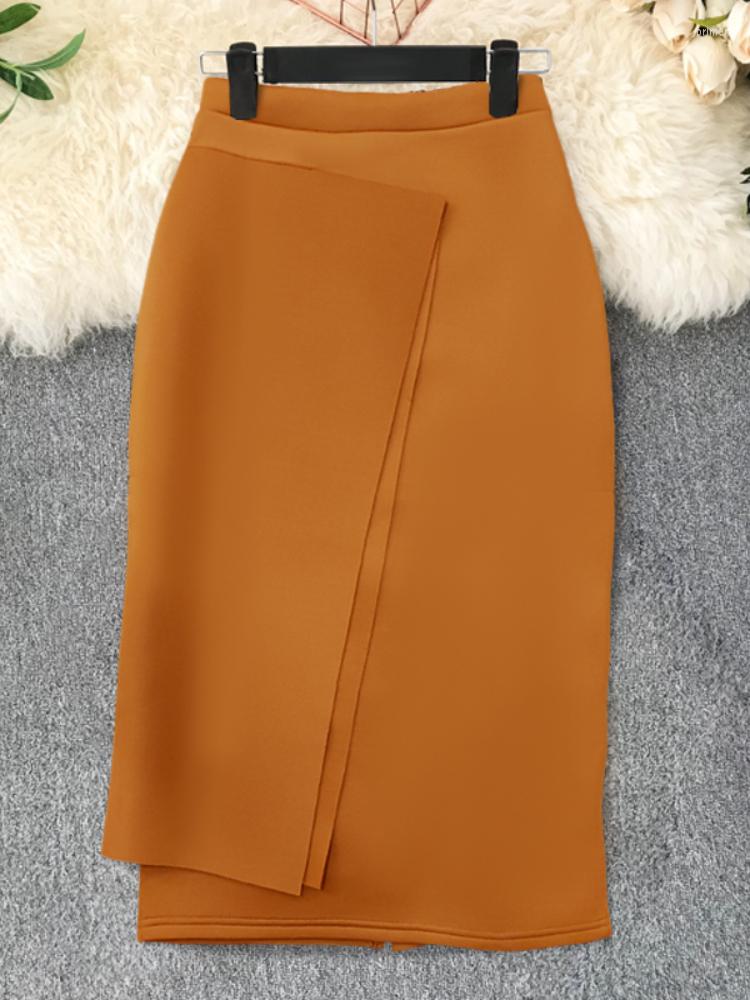 

Skirts Sheath Office Ladies Skirt With Slit Elegant Jupe Faldas Saias Asymetrical Empire Waist Kahaki Color Solid Black 2022 Bodycon XL