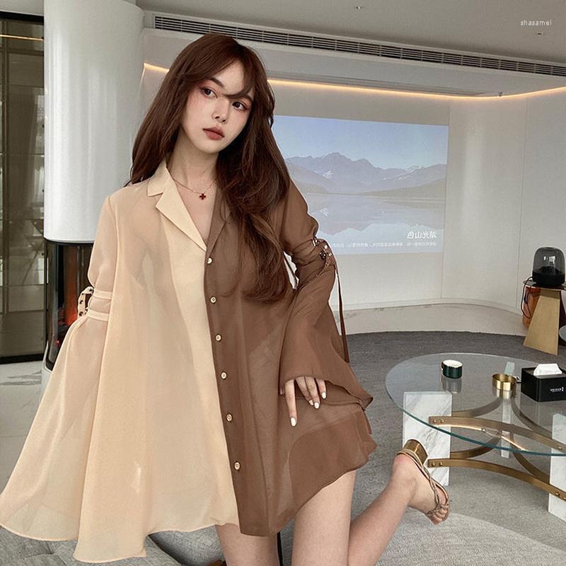 

Women' Blouses Chiffon Cardigan Vintage Shirt Oversize Spliced Blouse Women Korean Fashion Summer 2022 Flare Sleeve Patchwork Tops, Green