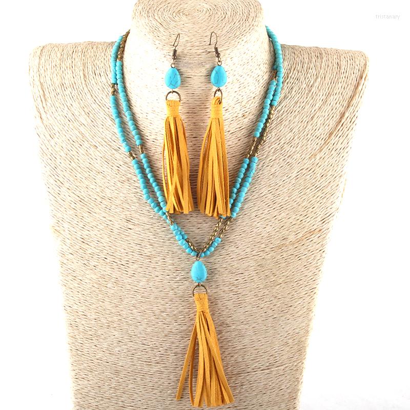 

Necklace Earrings Set Fashion Jewelry Turq Stone Yelloy Tassel Choker Earring, Picture shown