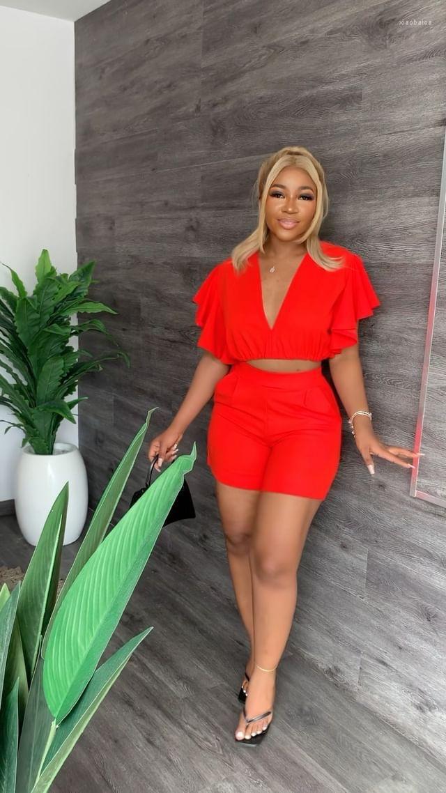

Women' Tracksuits 2022 Street Hip Hop Style Top Shorts Women Set Short Sleeve V Neck Dew Waist Elastic Pants Pure Color 2 Piece, Orange