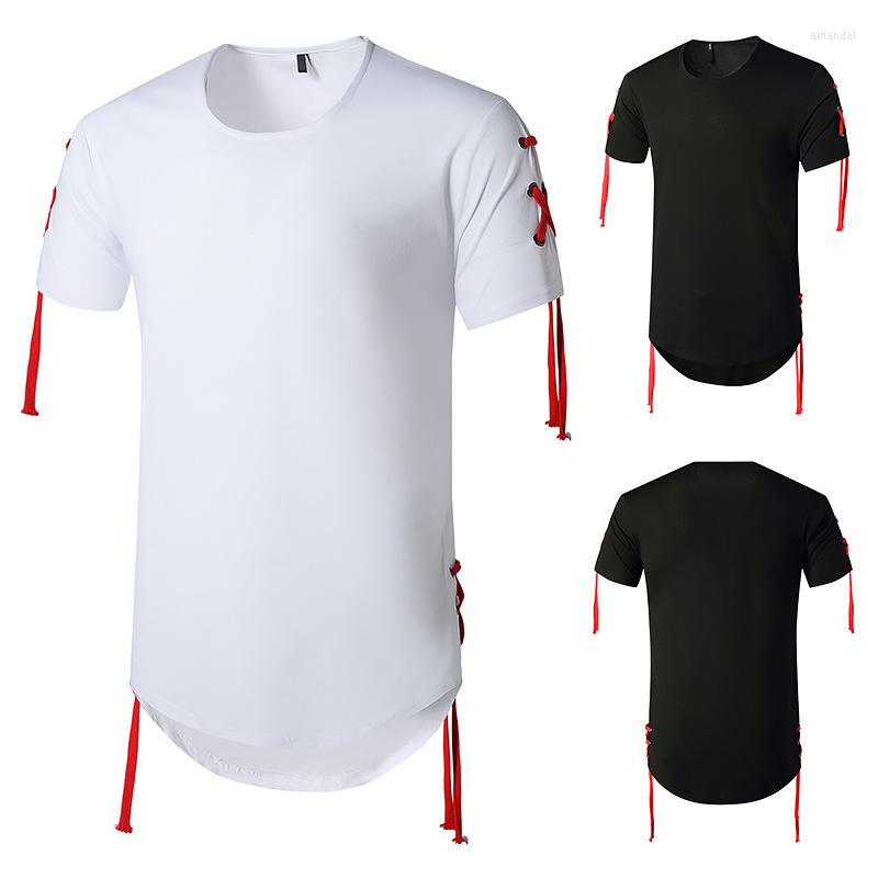 

Men' T Shirts Men Clothing 2022 Short-sleeved T-shirt European American Style Drawstring Hip-hop Long Round Neck, Black