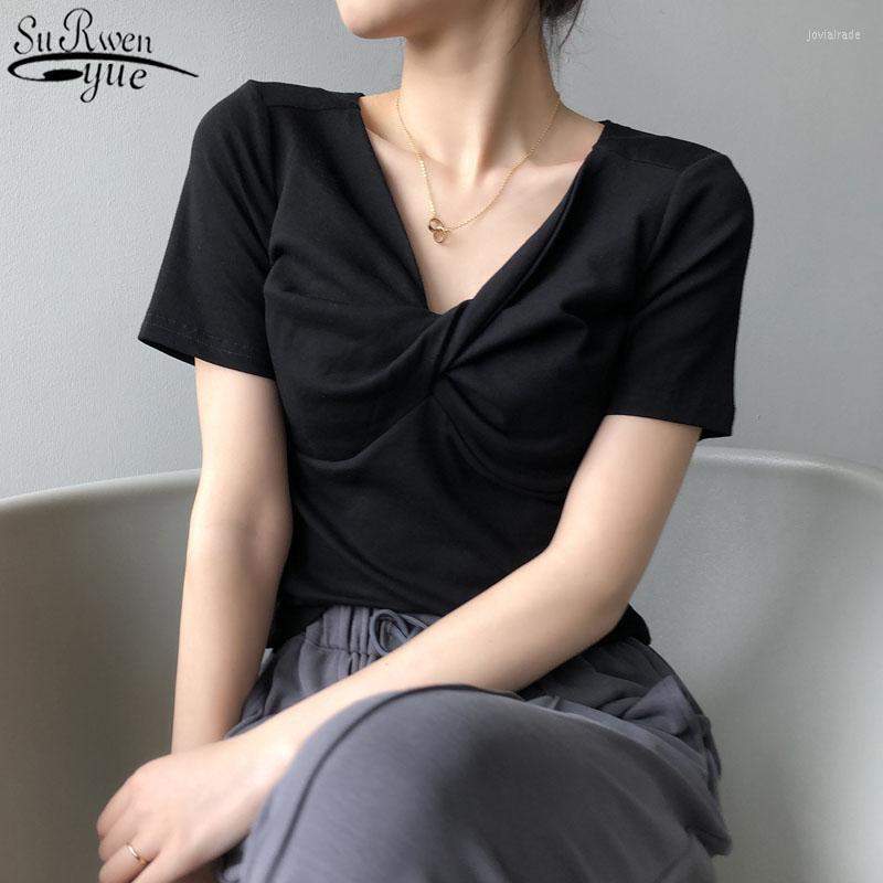 

Women's T Shirts 2022 Fashion Woman's Shirt Summer T-shirt Korean Short-sleeved Solid Tops Female V-neck Folds Slim 14621, Black