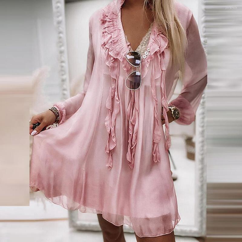 

Casual Dresses Dress Sexy V Neck Long Sleeve Loose ChiffonRuffle Ladies Beach ShirtElegant ChiffonDresses Elegant, Pink