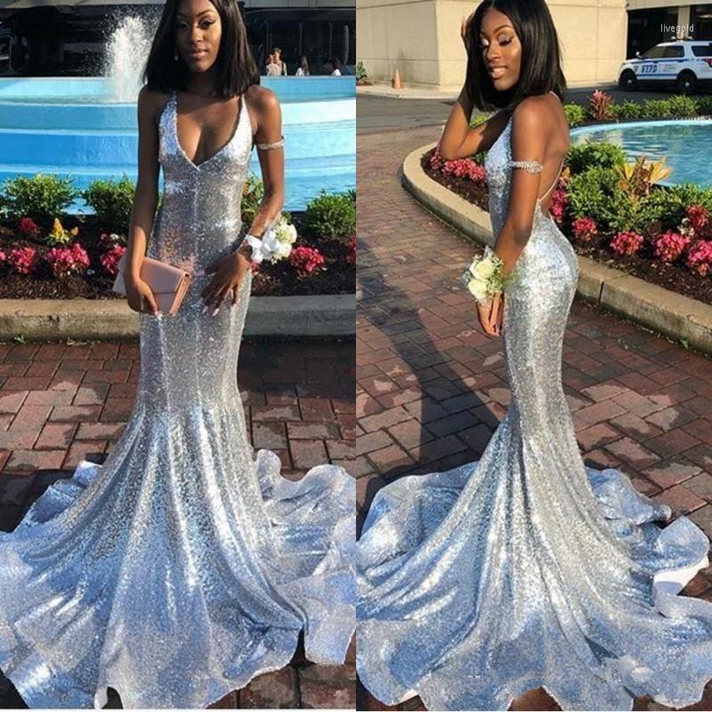

Party Dresses Sparkly Silver Black Girls Sequined Prom 2022 Sexy Sleeveless Open Back Sweep Strain Formal Mermaid Evening Gowns