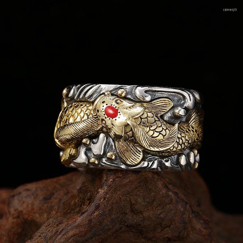 

Cluster Rings Golden Koi Pisces Ring Lucky Retro Thai Silver Men's Pull Finger Index Live Buckle Male