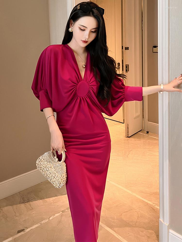 

Casual Dresses Spring Autumn Fashion Women Evening Dress Chic V-Neck Folds Slim Midi Party Prom Stretchy Robe Femme Mujer Vestidos, Black