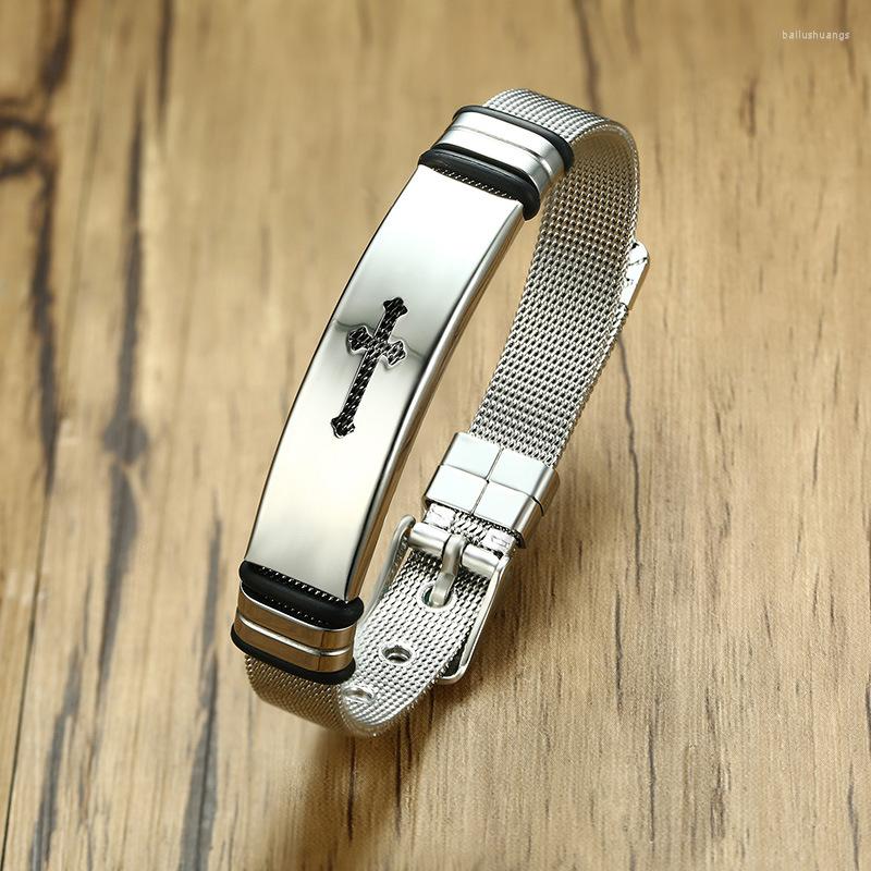 

Charm Bracelets Fashion Men Black Cross Bangles Color Titanium Steel Jesus Link Mesh Chain Jewelry