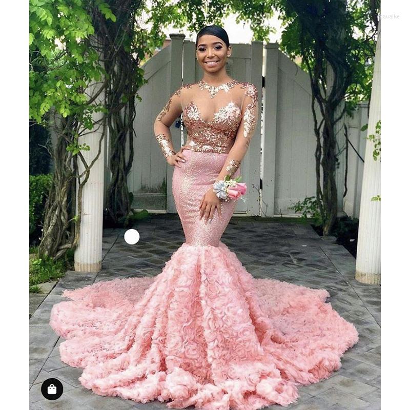 

Party Dresses Pink Long Sleeve Mermaid Prom 2022 Illusion Jewel Neck Sweep Strain Sexy Formal Evening Dress Gowns, Gold