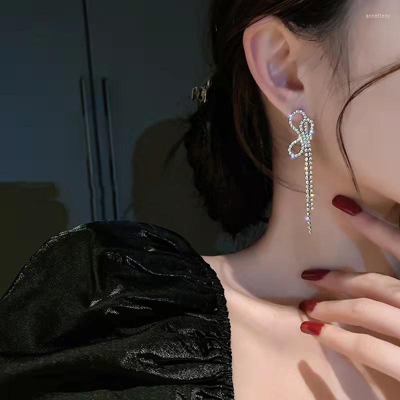 

Backs Earrings Korean Shiny Rhinestone Bow Tassel Long Earring 2022Temperament Clip On For Women Without Piercing Ear Jewelry