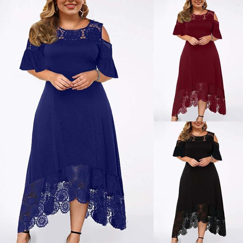 

Casual Dresses Fashion Women Dress Flare Short Sleeve Cold Shoulder Embroidery Elegant Party Lace Patchwork High-low Hem 2022, Black