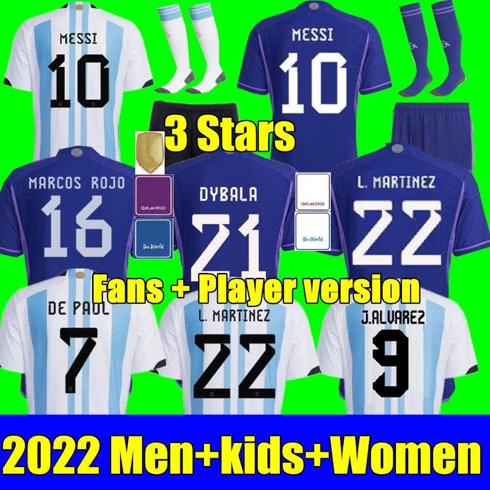 

New 3 stars 2022 Argentina soccer Jerseys 22 23 J.ALVAREZ DYBALA MESSIS DI MARIA KUN MARTINEZ MARADONA football shirt Men Women kids kit fans player version, Adult away+world cup patch