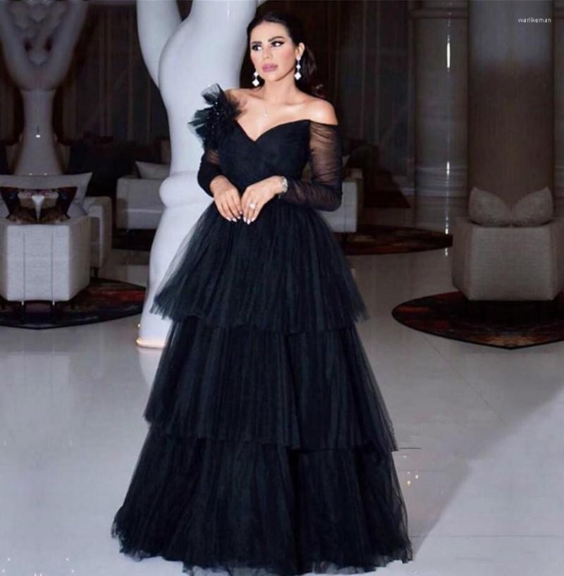

Party Dresses Vintage Black Long Sleeve Prom 2022 Tiered Tulle Full Length Skirt Elegant Arabic Formal Evening Gowns Wear, White