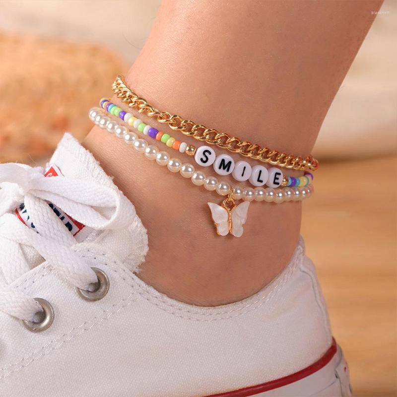 

Anklets Trend Children's Anklet Letter Smile Butterfly Pendant Beach Student Handmade Rice Bead Pearl Foot Ornament 3 Sets