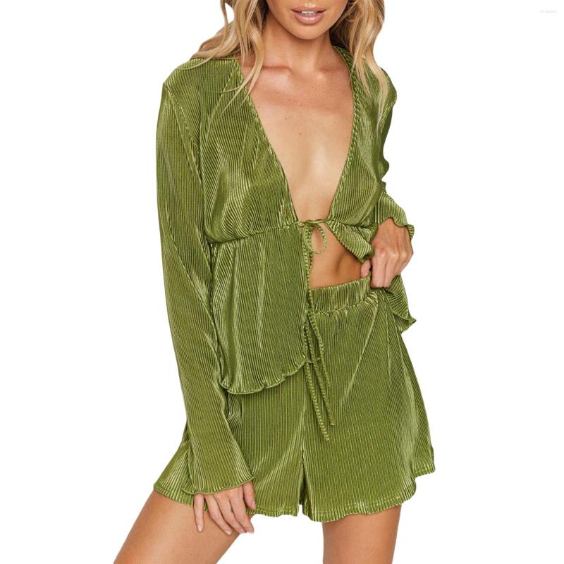

Women' Tracksuits 2022 Women' Fashion Short Pants Outfits Sexy Solid Color Pleated Long Sleeve Tie-Up Cardigan Elastic Waist Shorts, Green