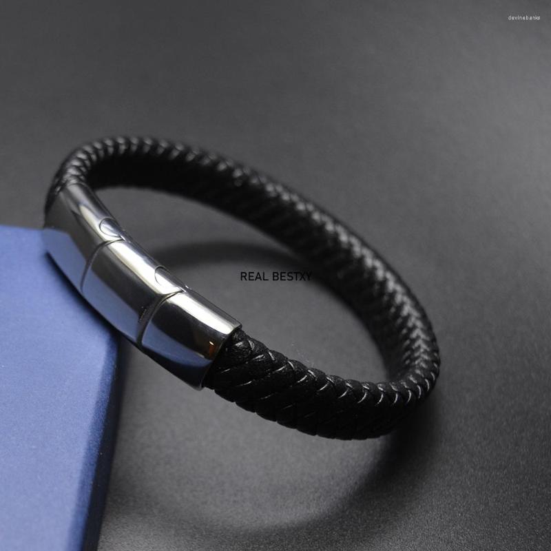 

Strand 5pcs/lot Custom Logo Leather Bracelet Men Stainless Steel Magnetic Clasp Bangle Goth Wristband Male Jewelry Halloween Christmas