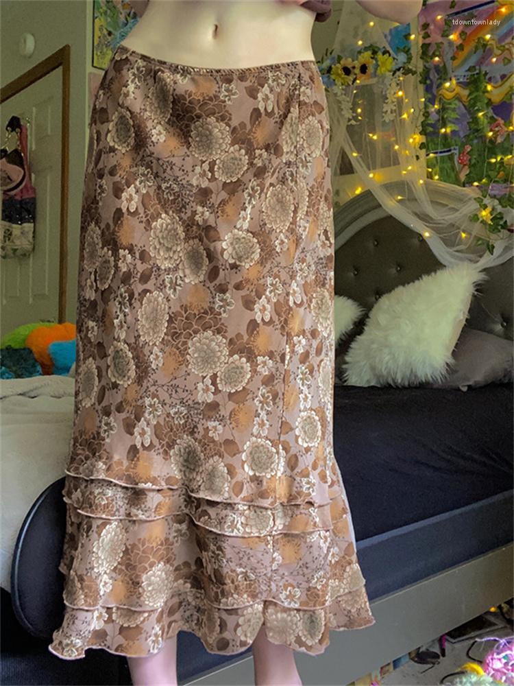 

Skirts NCLAGEN Retro Floral Print Vacation Casual Long Skirt Patchwork Hem High Waist Women Party Club Aesthetic Midi, Colorful