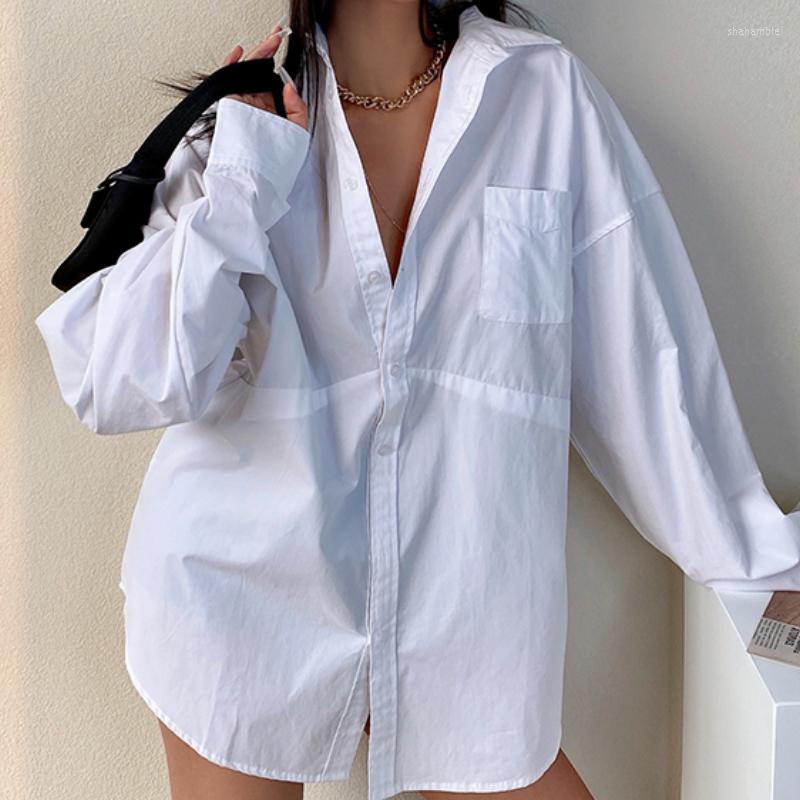 

Women's Blouses Loose White Long Shirt Woman Korean Fashion OL Single-breasted Turn Down Collar Pocket Office Shirts Female Top Drop