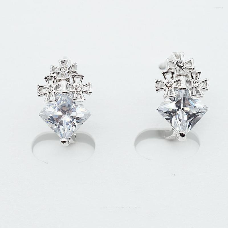 

Hoop Earrings Silver Color Floral Square Zircon CZ Clip For Girl Women Party Wedding Gift