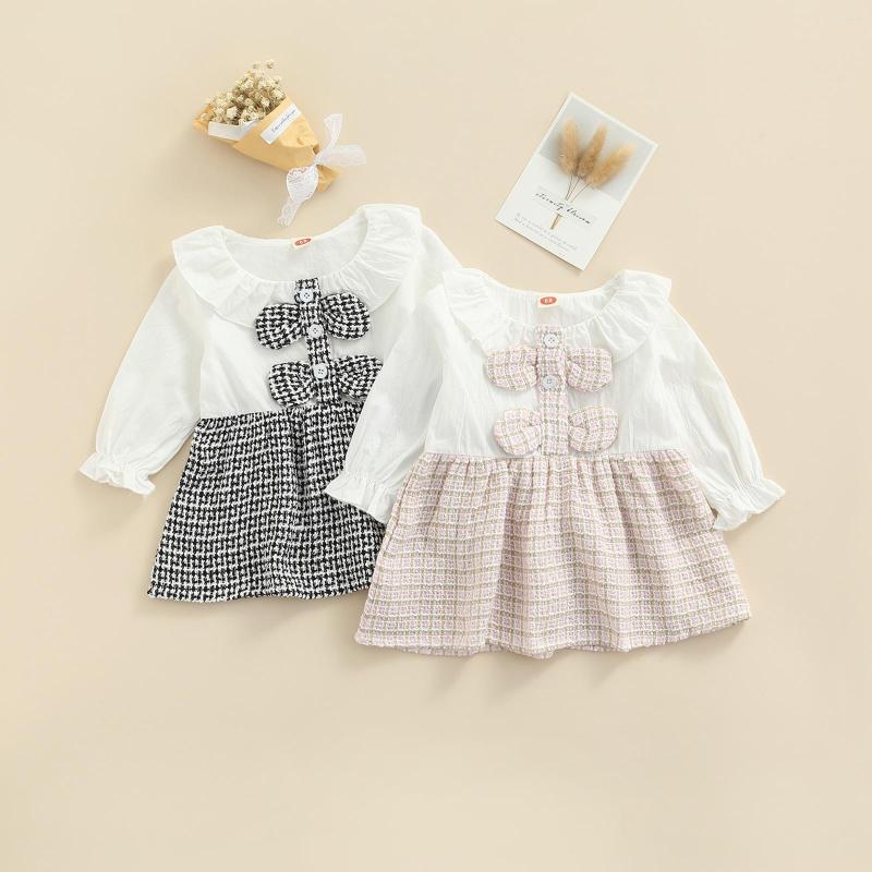 

Girl Dresses Lovely Baby Dress Long Sleeve Buttoned Bow Knot Doll Collar Elastic Cuff Check Patchwork Clothing, Black