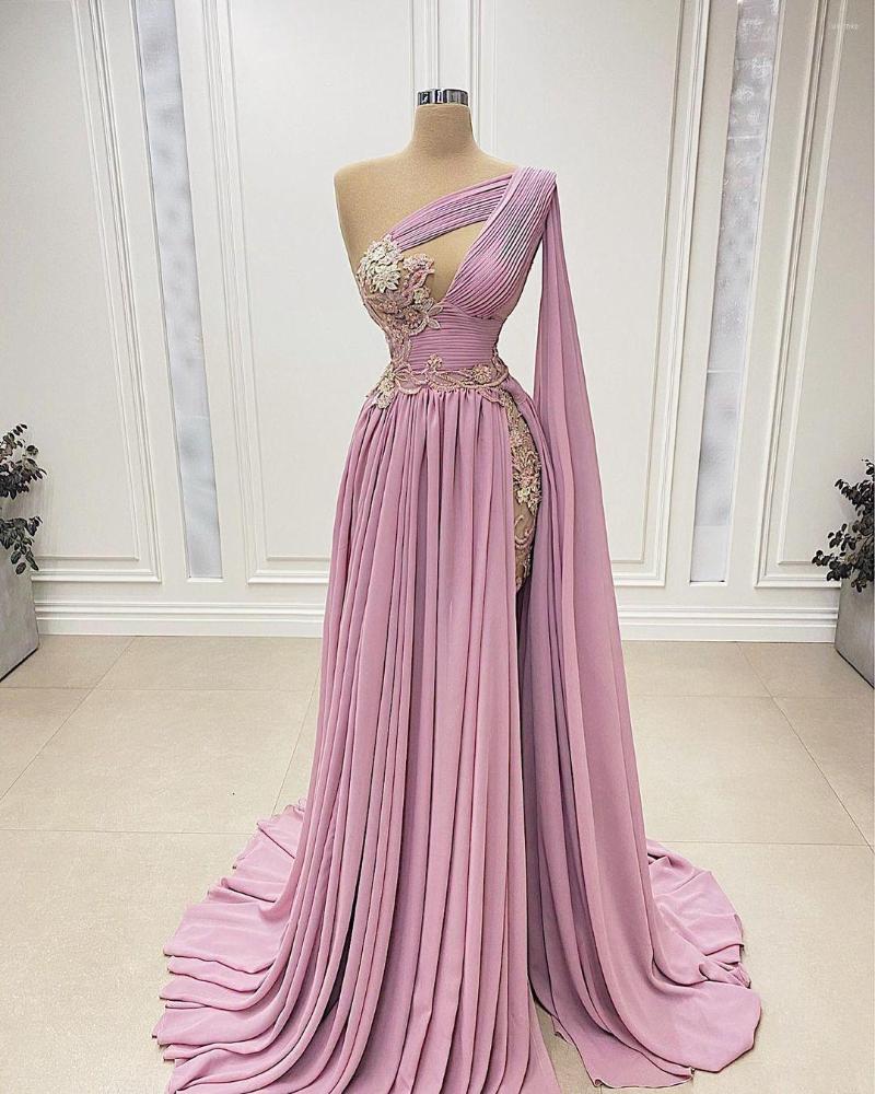 

Party Dresses Pink Pleated Flowy Skirt Prom Lace One Shoulder Cape V Neck Appliques Sequins Shiny Evening Sexy Chiffon Slit, Black