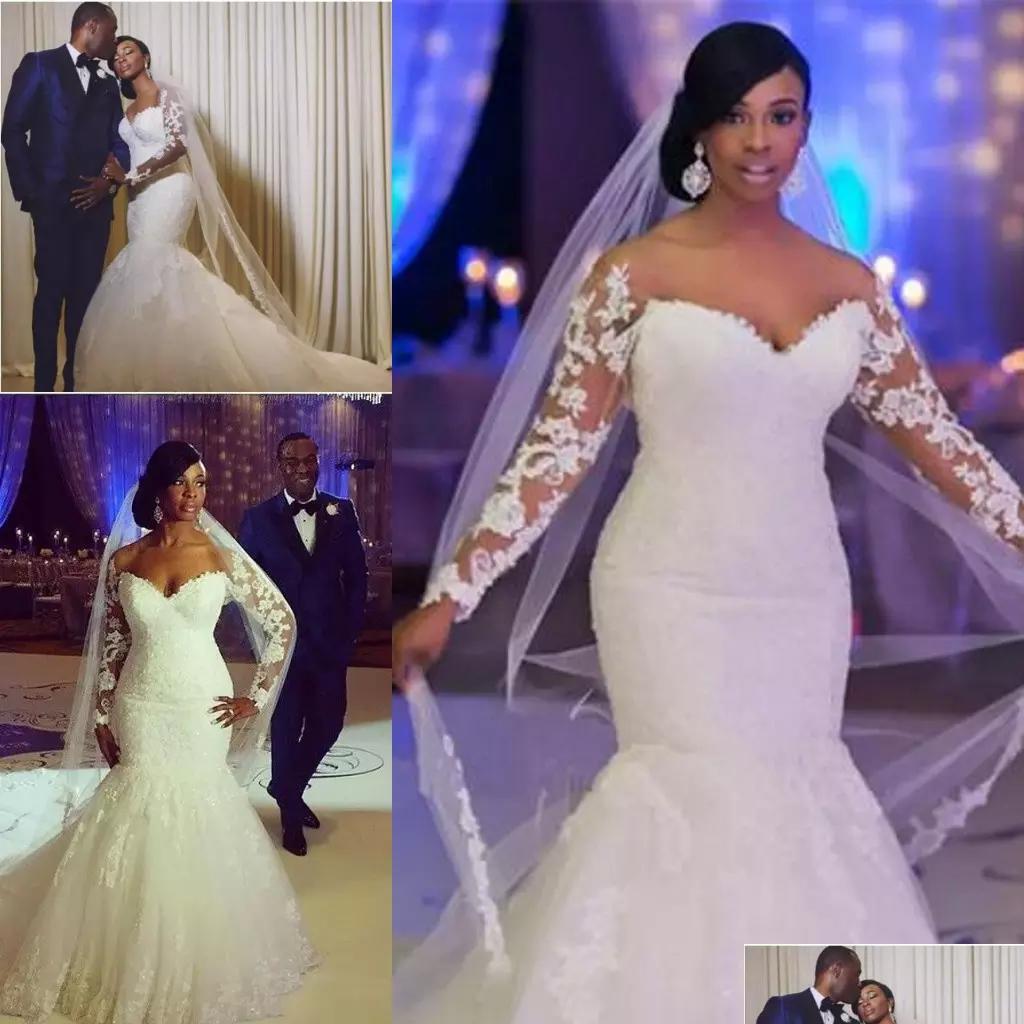

Mermaid Wedding Dresses African Plus Size Off The Shoder Long Sleeves Lace Appliques Custom Made Bridal Gowns Drop Delivery Party Eve Dhcyk, See pic