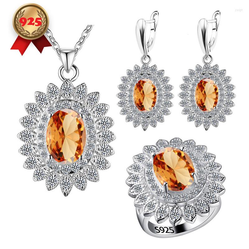 

Necklace Earrings Set 3PCS Drop Earring Ring For Women Pendant 925 Sterling Silver Champagne Classic Wedding Gift Box, Picture shown