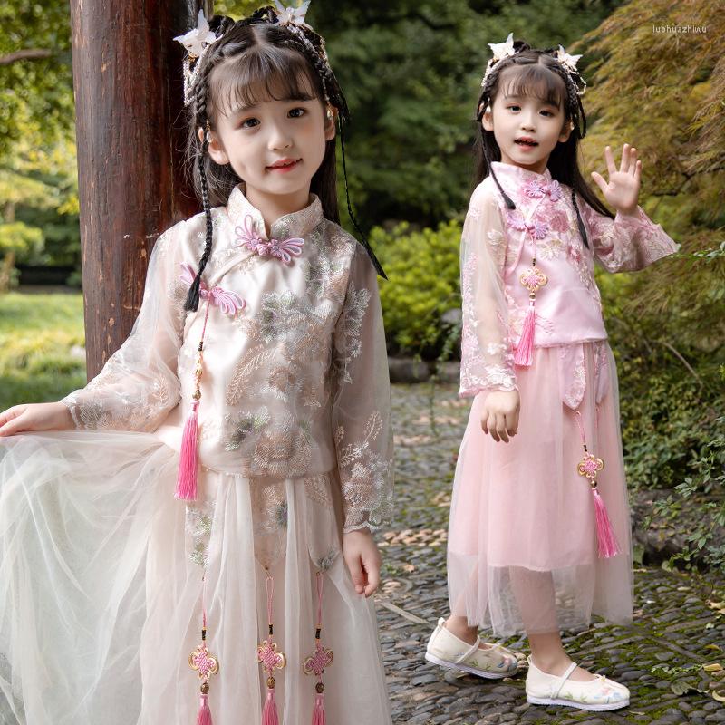 

Clothing Sets Girls Chinese National Style Dresses Coat 2PCS Suit Traditional Tang Dynasty Girl Performance Princess Embroidery Clothes, Pink