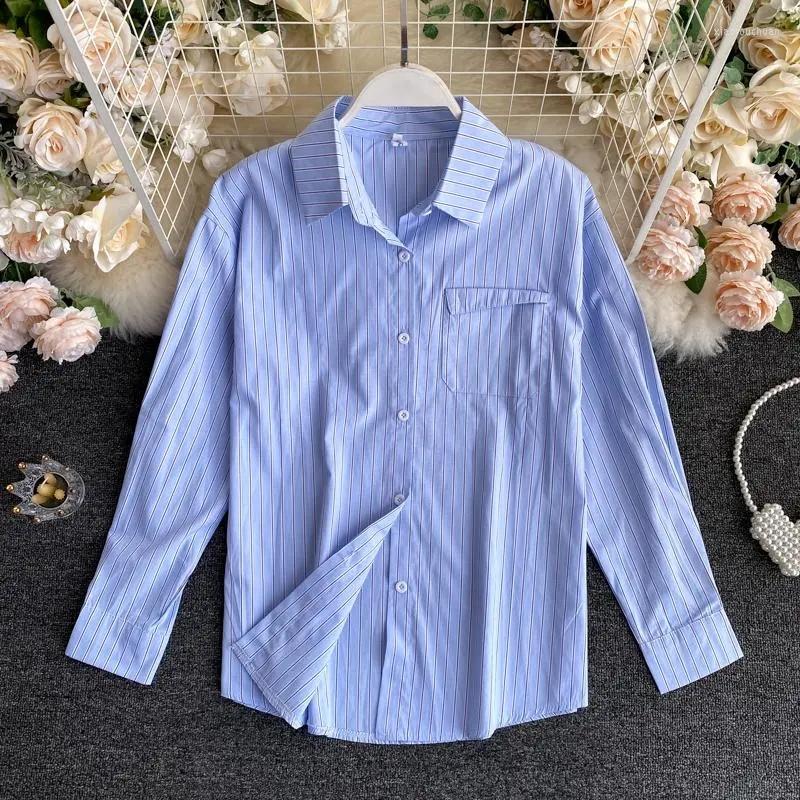 

Women's Blouses TSXT Autumn 2022 Korean Women Retro Striped Long-sleeve Lapel Loose And Comfortable Women's Shirt, Blue