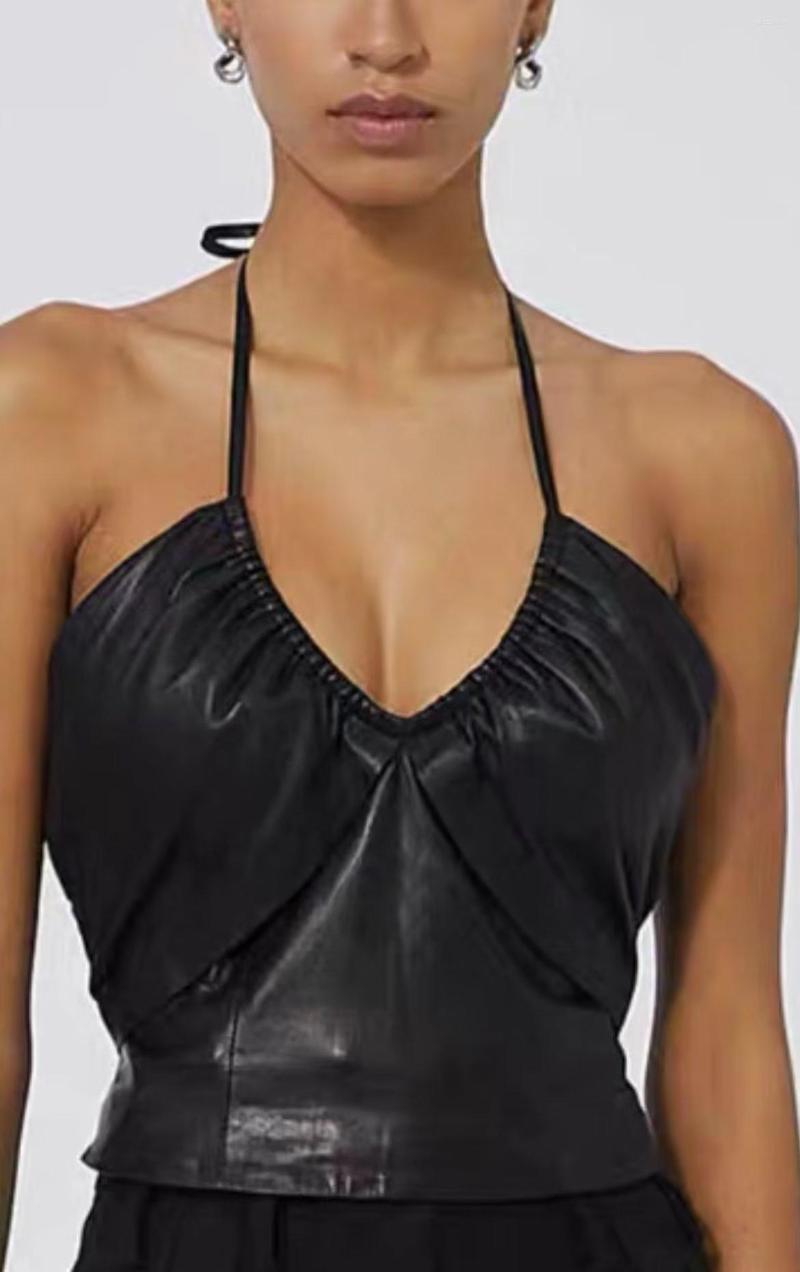 

Women's Tanks Women Fashion Sexy Black PU Halter Top Y2K Backless Drawstring V Neck Zipper Sleeveless Chic Cropped Sling Tops Streetwear