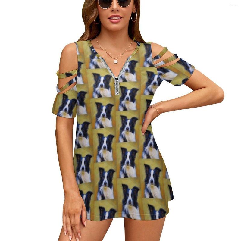 

Women's T Shirts Taj-Border Collie Women'S T-Shirt Summer Fashion Print Floral V-Neck Zipper Tshirt Hollow Pullover Ladies Top Dog, Nz150
