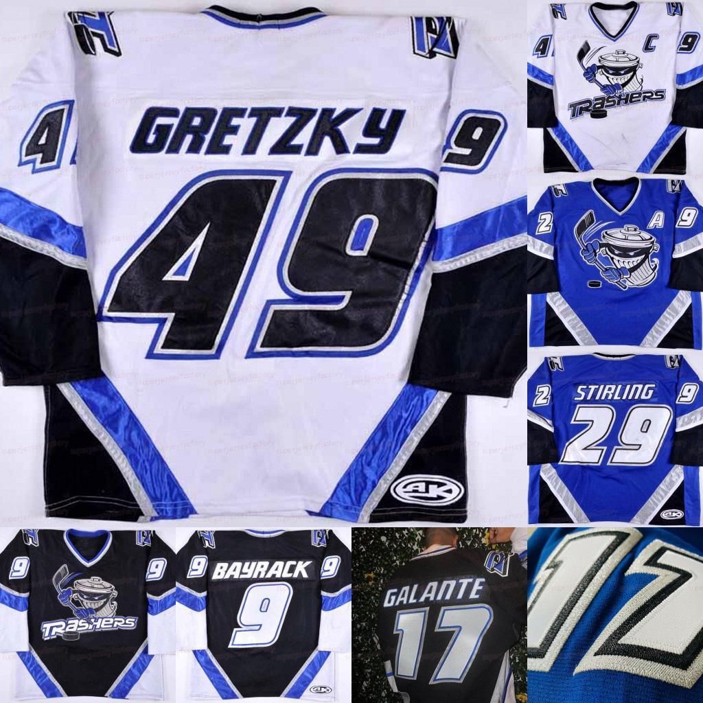 

Danbury Trashers 2004-05 Jersey Brent Gretzky Mike Bayrack Brad Wingfield Jon Mirasty Scott Stirling Bren dan McCartin Regan GALANTE Kelly H, Blue youth s-xl