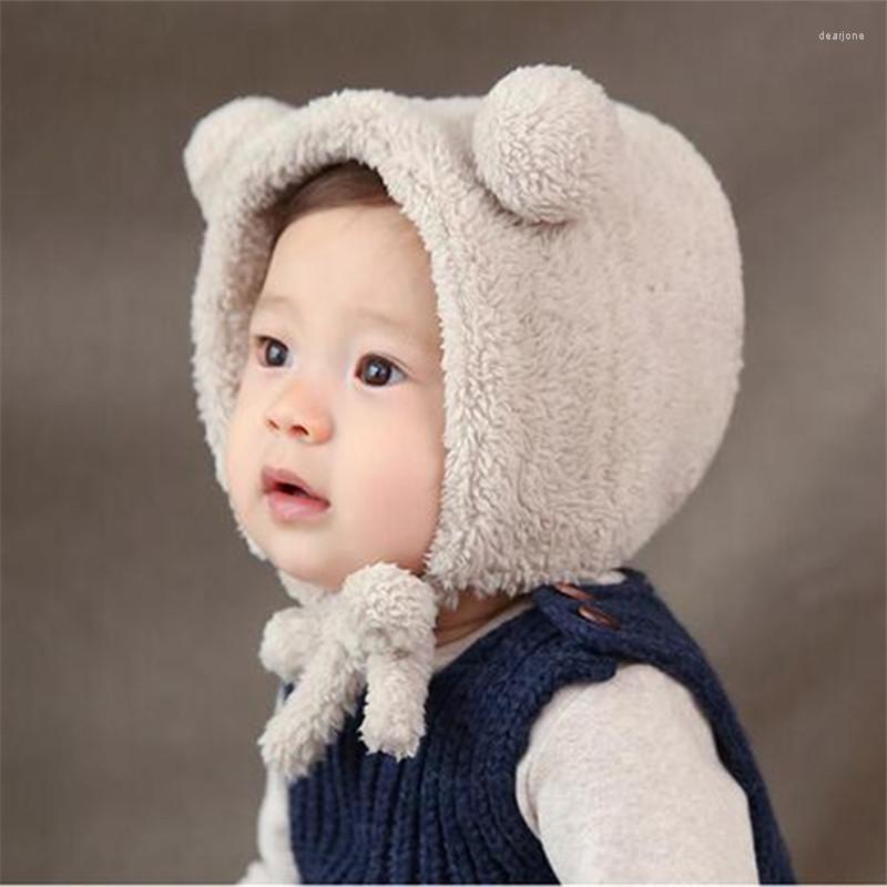 

Hats 1 Pcs Cute Autumn Winter Baby Cap Bonnet Children Knitted Kids Wool Velvet Beanie Bear Plush Warm Ear Headgear Boy Toddler