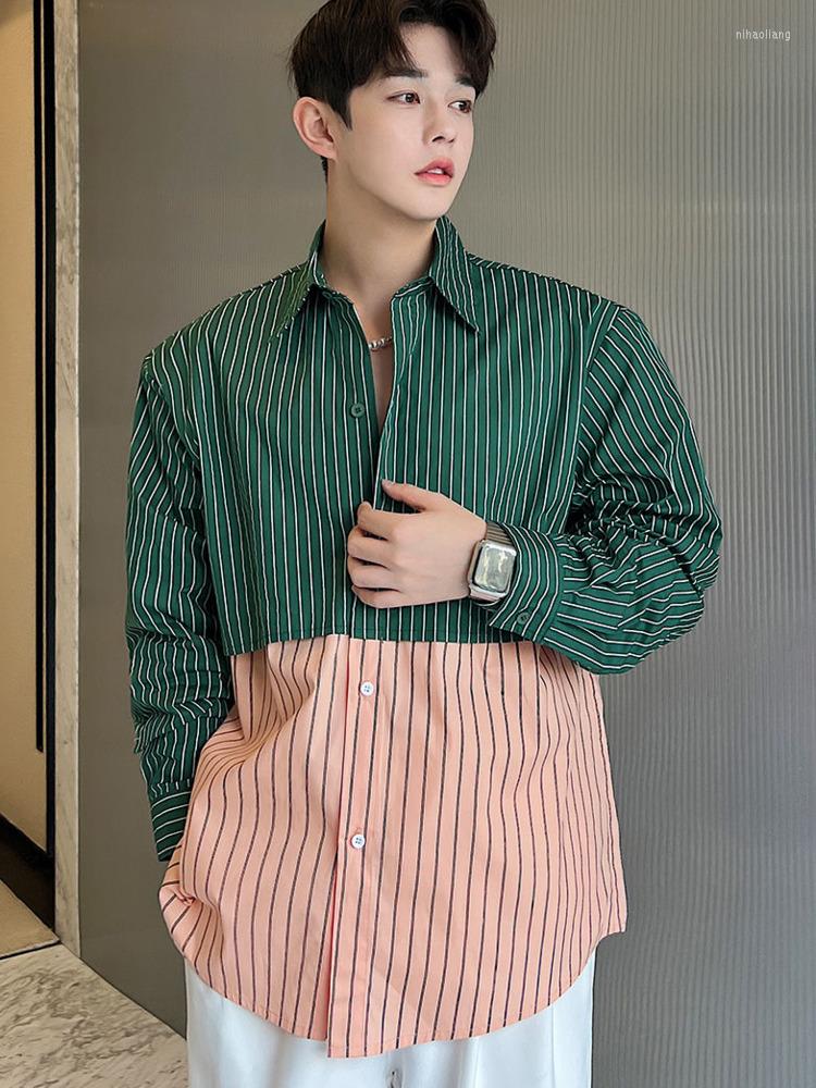 

Men's Casual Shirts SYUHGFA 2022 Autumn Lapel Striped Patchwork Long Sleeve Shirt For Men Loose Fashion Korea Streetwear Tops Clothing, Green