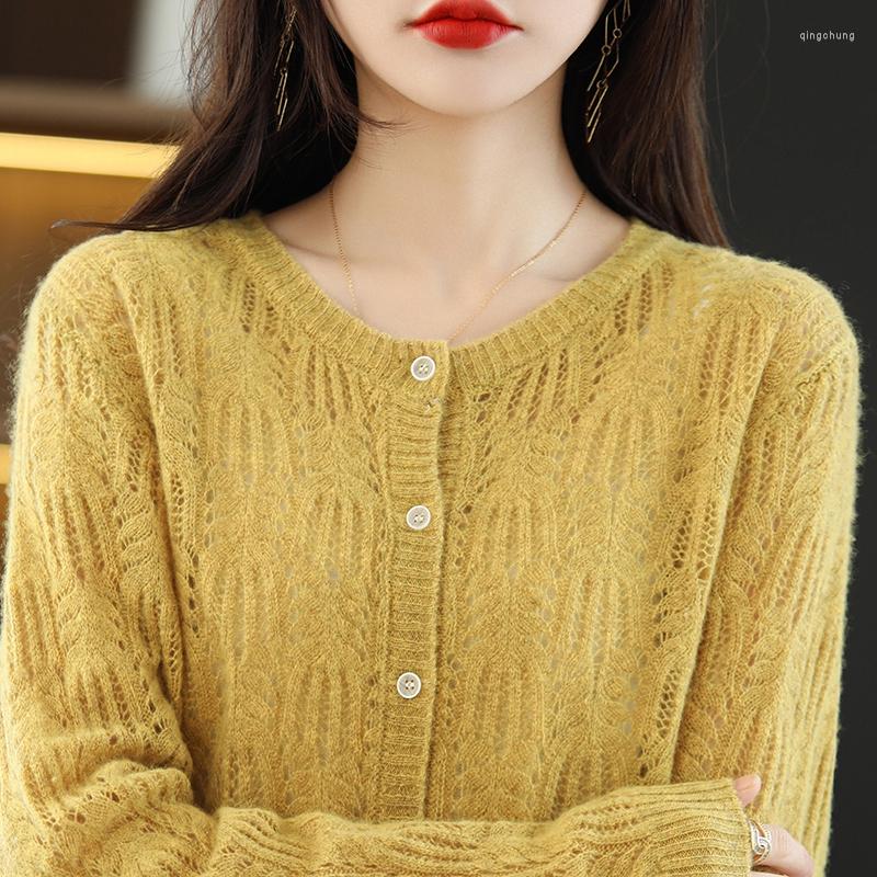 

Women's Knits Pure Wool Knitted Cardigan Jacket Hollow Round Neck Bottoming Shirt, Maple yellow
