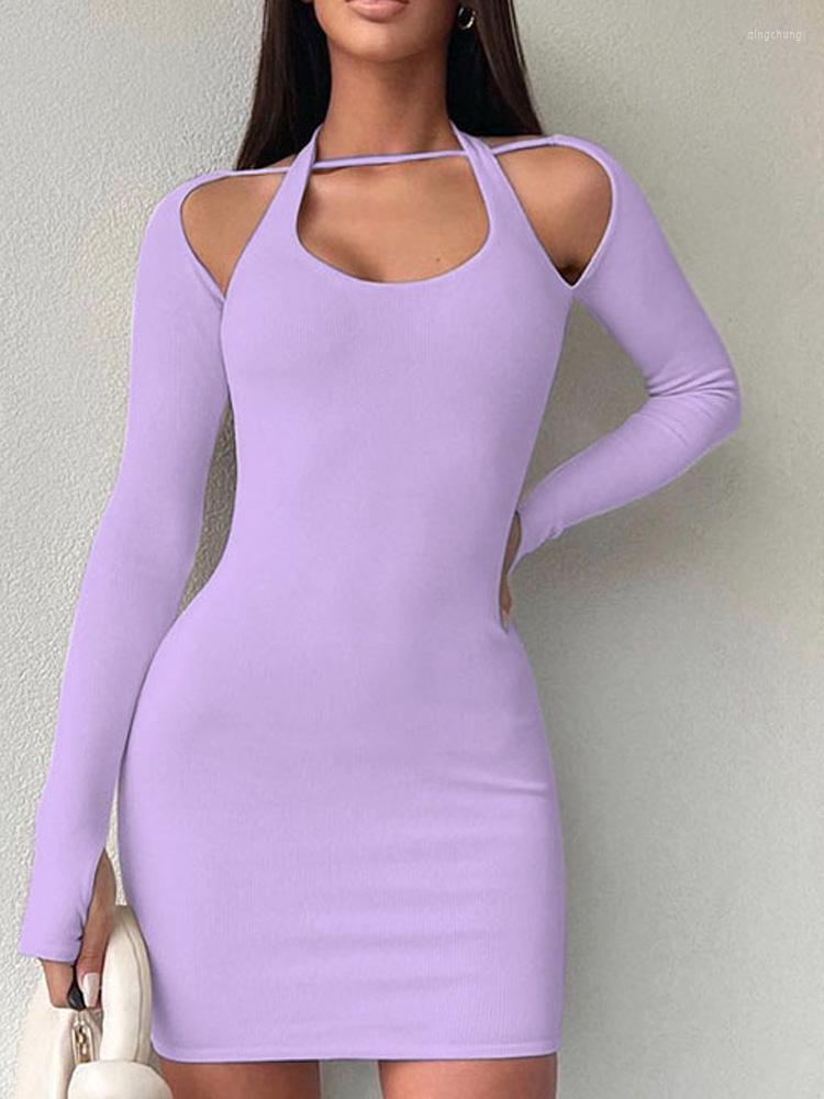 

Casual Dresses Women Bodycon Halter Mini Dress Sexy Hollow Out Long Sleeve Solid Evening Party QJY-HC1851, Gray