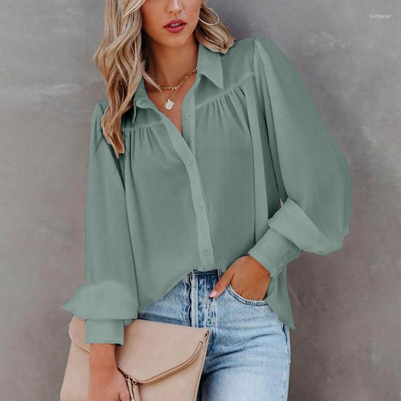 

Women' Blouses 2022 Office Casual White Shirt Loose Lantern Sleeve Button Turn-Down Collar Women And Shirts Pleated Tops 22383