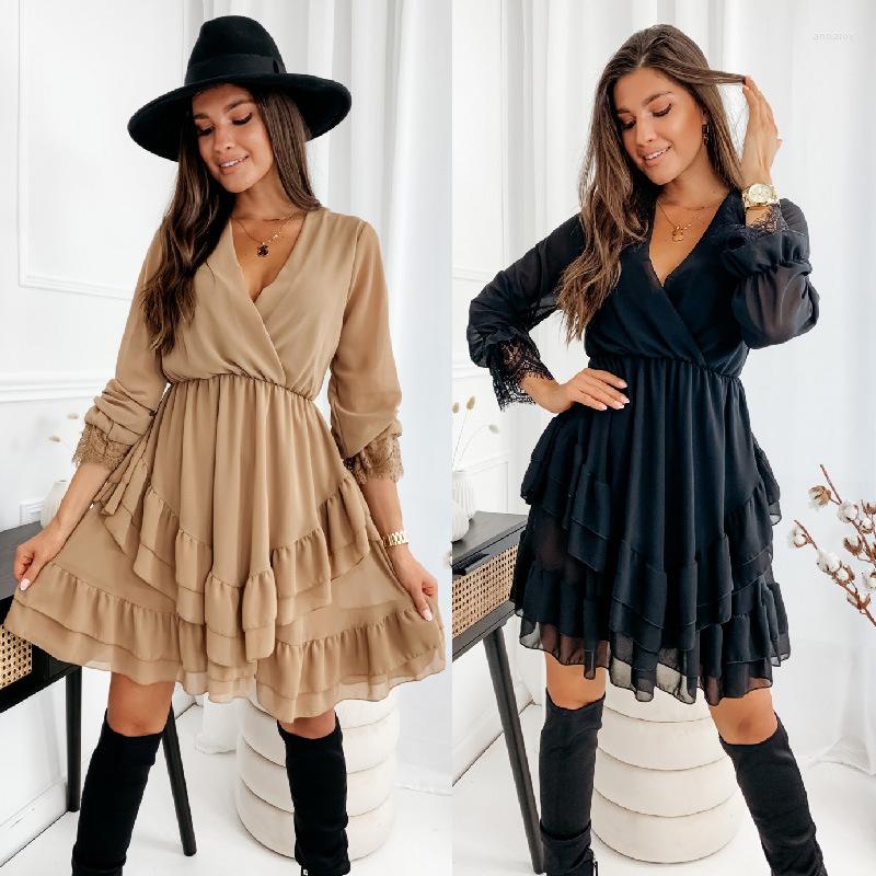 

Casual Dresses Mandylandy Women Chic Deep V Neck All Over Solid Color A Line Long Lantern Sleeves Ruffles Hem Sexy Vacation Chiffon Dress, Brown