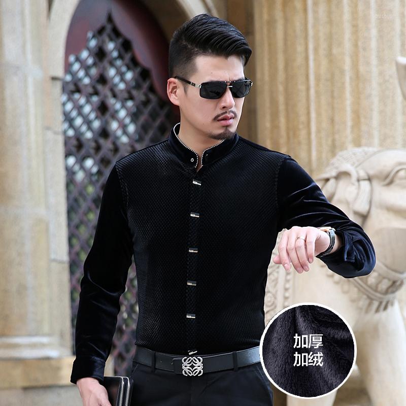 

Men's Casual Shirts Autumn & Winter Design Fashion Mens Thick Velvet Shirt Mandarin Collar Long Sleeve Warm Dress, No velvet purple