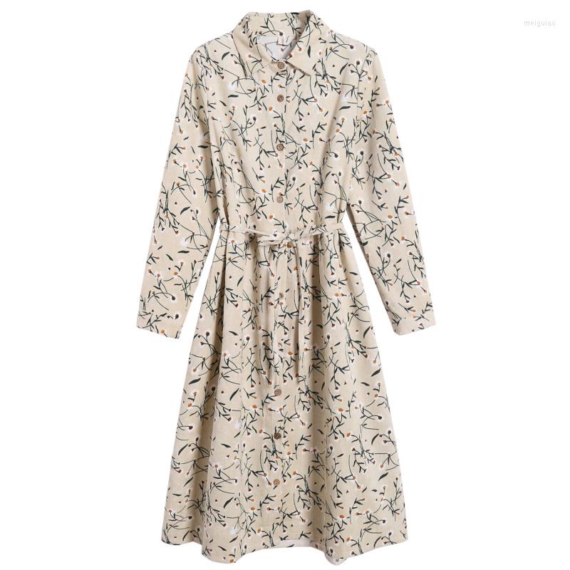 

Casual Dresses Corduroy High Elastic Waist Vintage Dress A-line Style Women Full Sleeve Flower Floral Print Feminino Elegant Spring, Picture shown
