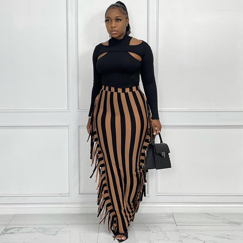 

Skirts Autumn Winter Women Casual Fashion Striped Long Straight Skirt With Tassels Sides Stretchy Womens Elegant Unique Robe, Blue